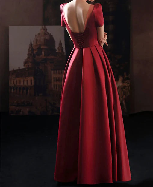 Luolandi Wine Red Satin Low Back Lace-up Short Sleeves Party Dress Formal Dresses Elegant Evening Dress